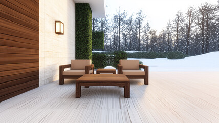 Minimalist living room with wooden furniture and soft lighting