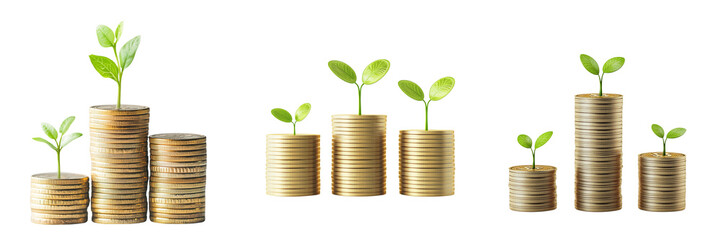 A Set of Stacked Golden Coins with Fresh Green Plant for Economic Growth Isolated on Transparent Background