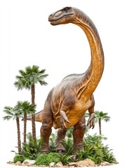 Obraz premium A large dinosaur model surrounded by tropical plants, likely for educational or entertainment purposes.