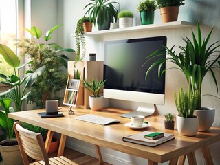 Modern Graphic Design Studio Workspace with iMac, Wacom Tablet, and Plants