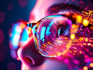 Vibrant close-up of a person wearing glasses, reflecting colorful digital data and technology concepts.