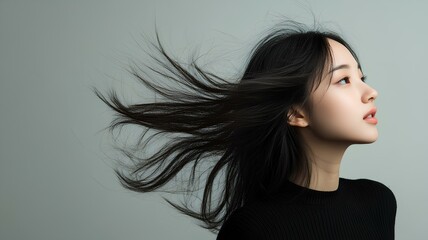 Portrait of a beautiful asian girl with flying hair on gray background