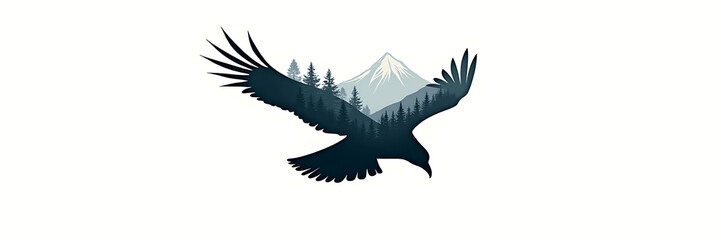 Obraz premium A double silhouette of a bird in flight, with a dense forest and mountains visible within the bird's silhouette, symbolizing freedom and exploration.