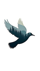 Obraz premium A double silhouette of a bird in flight, with a dense forest and mountains visible within the bird's silhouette, symbolizing freedom and exploration.