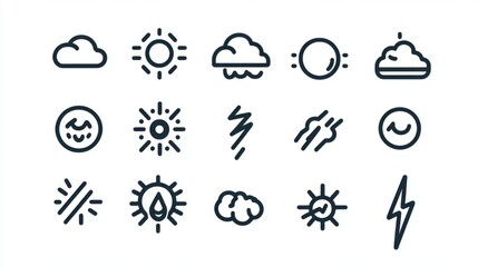 Weather icons set sun, cloud, rain, lightning.