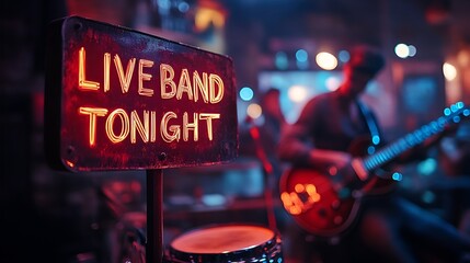 Sign that reads &ldquo;LIVE BAND TONIGHT&rdquo; - concert venue - acoustic - cover charge - music - bar - pub - musical entertainment - guitars - drums 
