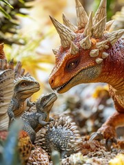 Obraz premium A detailed scene depicting a dinosaur family interaction in a vibrant prehistoric setting.