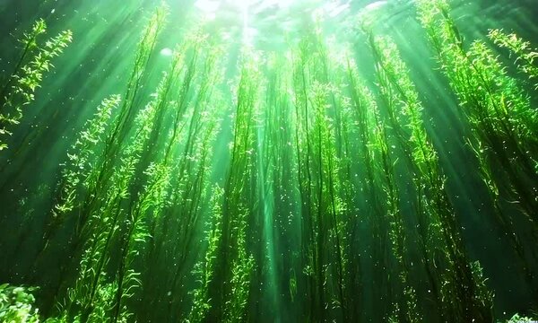Underwater view of vibrant green aquatic plants illuminated by sunlight rays penetrating the water. Perfect for nature themes, marine life visuals, eco concepts, and serene underwater scenes.

