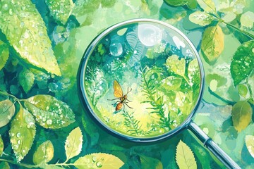 Magnifying Glass Reveals Tiny Insect Among Dewy Green Leaves