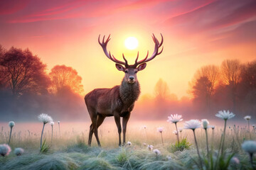 Naklejka premium majestic stag with antlers stands in misty field at sunrise, surrounded by flowers