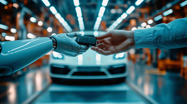 Close-up man handing remote to humanoid robot hand, car in background. Merging human ingenuity robotic intelligence reflecting collaboration and evolving relationship between technology everyday life.