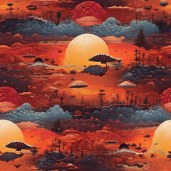 Sunset landscape illustration seamless pattern dogotal paper, good for wall paper, scrapbook and print on demand