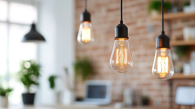 Three vintage Edison light bulbs hang in a modern interior with a brick wall.