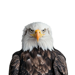 Fototapeta premium Bald eagle head portrait looking tough against a transparent background. For patriotic freedom USA meme compositing.