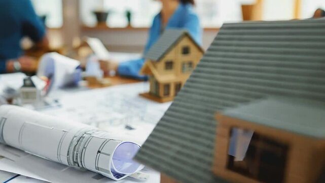 A close-up of a miniature house model, blueprint, and a blurred figure in the background, symbolizing the process of building a home,  a vision, or a new chapter in life.  