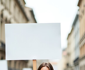 Woman Holding Blank Sign in City Street