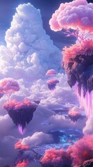Fototapeta premium Floating Islands Fantasy Landscape With Pink Trees