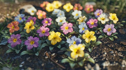 Obraz premium Vibrant Primrose Flowers in Garden Bed Spring Bloom High Resolution