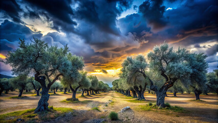 Fototapeta premium serene olive grove under dramatic clouds and colorful sunset
