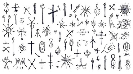 Collection of Hand Drawn Ancient Symbols  Mystical Signs  Tribal Marks  Religious Icons  Crosses  and Spiritual Graphics