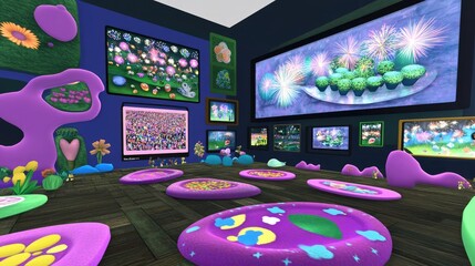 A colorful, whimsical room filled with vibrant artwork and playful seating.