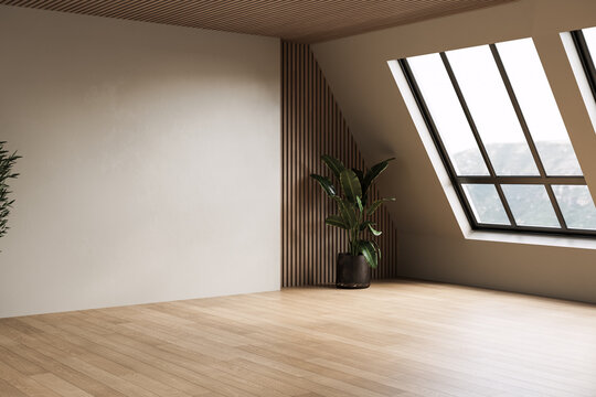 Modern contemporary loft empty room with concrete and wooden plank wall, parquet floor, plants, panoramic window.