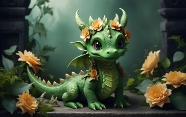 Fototapeta premium cute green dragon with cute green background