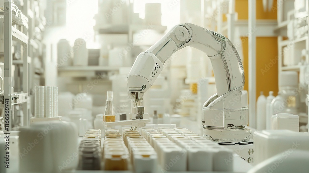 Poster futuristic 3d rendering of robot arm assembling products in factory