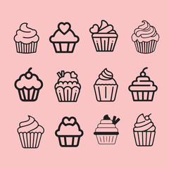Cute Cupcake Illustrations on Pink Background