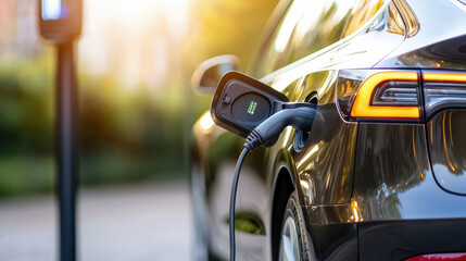 Fototapeta premium Eco friendly electric car charging at solar powered station, showcasing sustainable energy use and modern technology. perfect blend of innovation and environmental consciousness