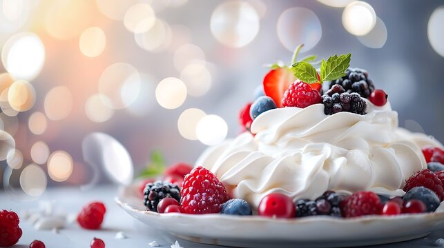 Meringue dessert topped with assorted berries against a softly lit backdrop