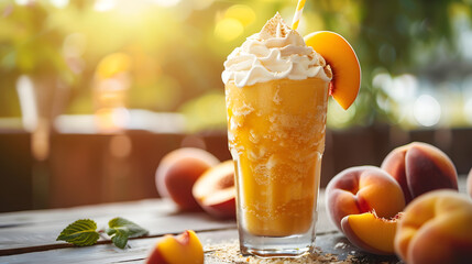 Frozen peach smoothie in a glass with whipped cream and a slice of peach on a sunny day
