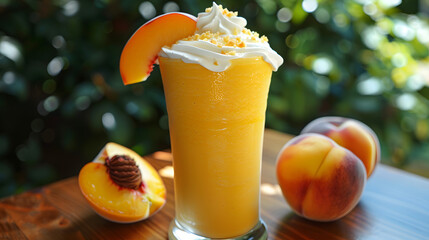 Frozen peach smoothie in a glass with whipped cream and a slice of peach on a sunny day