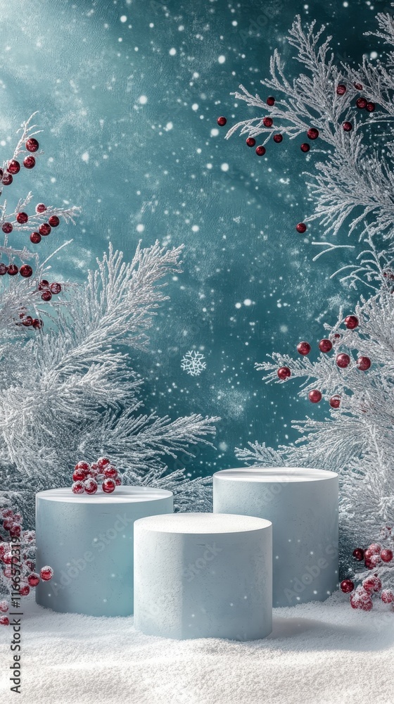 Poster an inviting winter product display featuring three empty podiums, surrounded by ample space and a fa