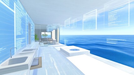 Obraz premium Futuristic interior with transparent walls overlooking the ocean, featuring digital interfaces.