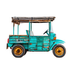 Fototapeta premium Vintage Turquoise Three-Wheeled Vehicle on Display