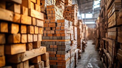 Stacked Wood and Brick Materials in a Construction Warehouse