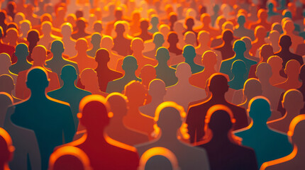 multitude warm-toned human figures stand closely together.