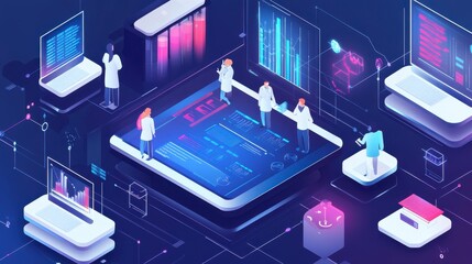 Futuristic Laboratory Environment with Scientists Analyzing Data on Digital Displays in a High-Tech Research Facility with Advanced Technology and Analytics Tools