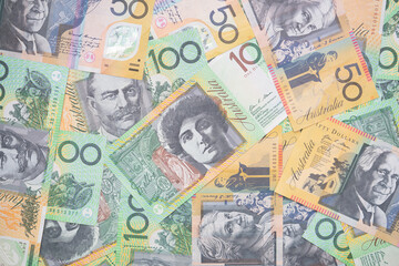 close up of Australian dollar bills, finance, currency and business concept