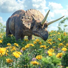 Fototapeta premium A triceratops standing in a vibrant field of flowers under a bright sky.