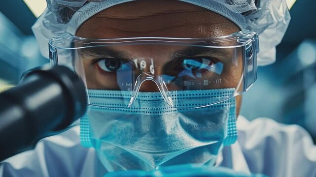 Close-up of a determined scientist peering through a microscope, his intense gaze reflecting dedication and precision in a high-quality image. 