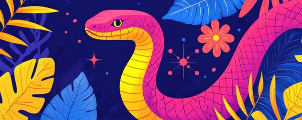 Obraz premium Colorful snake illustration surrounded by vibrant tropical foliage and flowers on a dark background.