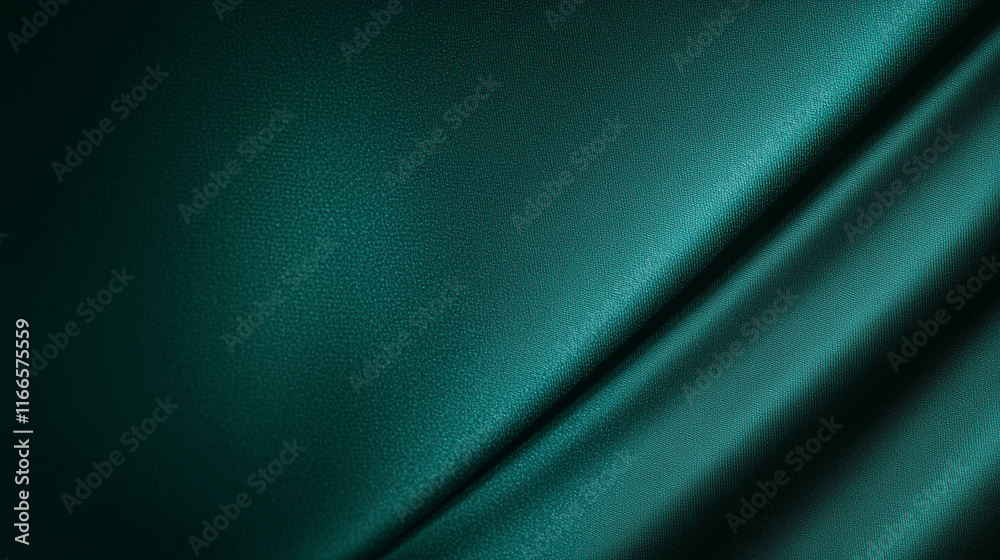 Poster Luxurious, deep teal satin fabric texture with soft folds and rich green undertones, creating an elegant, abstract backdrop. Perfect for high-end design projects and as a sophisticated background for 