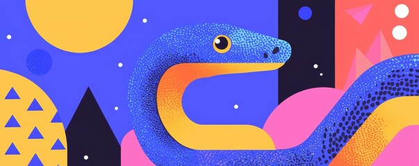 Colorful illustration of a blue snake amidst vibrant geometric shapes and patterns.
