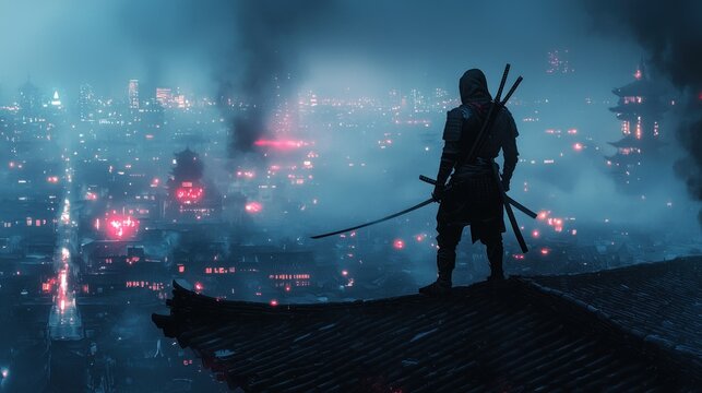 Nightfall Sentinel: A lone ninja stands guard atop a rooftop, overlooking a misty, neon-lit cityscape. The scene is evocative of a dramatic, mysterious, and ancient world.