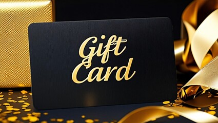 A sleek black gift card with golden lettering, surrounded by festive decorations.