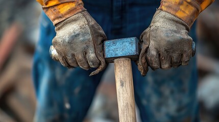 Hands Holding Hammer on Construction Site Close-Up Image