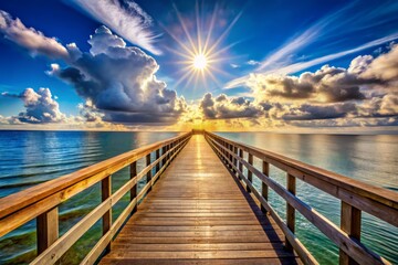Obraz premium Picturesque Wooden Sea Bridge Walkway, Sunny Sky, Ocean View - Stock Photo