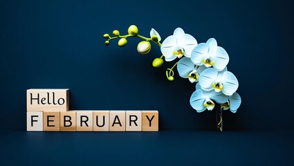 Hello February sign with wooden blocks and white orchids on a dark background.